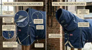 A technical graphic detailing the advanced material features of a horse rug, including the 1200D ripstop canvas, waterproof membrane, and rub-free padding.