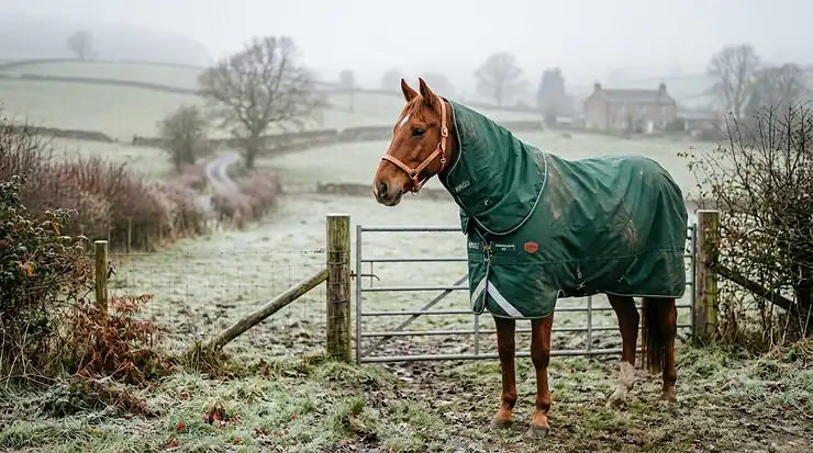 Ultimate winter horse rug guide: A chestnut horse stands in a frosty, misty British paddock wearing a waterproof, full-neck green turnout rug.