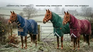 A winter horse rug guide temperature chart comparing lightweight, mediumweight, and heavyweight rugs for clipped and unclipped horses.