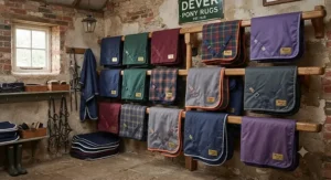 Assorted coloured pony turnout rugs neatly displayed on stable rails in a British tack room