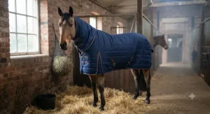 A horse in a stable wearing an extra-warm winter rug, ideal for fully clipped horses