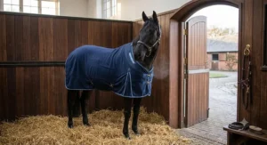 A black horse wearing a breathable navy fleece cooler and stable rug for horses to help dry off comfortably after exercise.