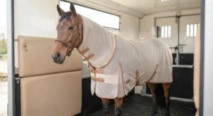 A horse wearing a light, breathable summer horse travel rug, ideal for warmer weather transport.