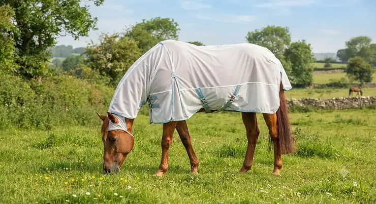 A chestnut horse grazing in a lush British pasture wearing a breathable combo fly rug for horses with an integrated neck cover.