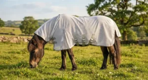 Side view of a native pony wearing a combo fly rug for horses featuring an extended belly flap and elasticated surcingles.