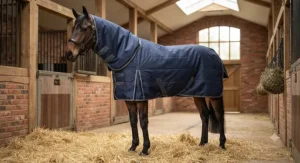 A high-quality, durable stable rug with an integrated neck cover for maximum comfort and warmth in the stable.