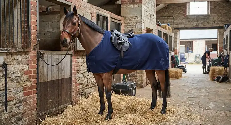 A horse wearing a navy fleece exercise sheet in a stable, ready for warming up during a chilly morning on a British yard.
