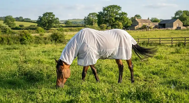 Bay horse wearing a lightweight mesh fly rug grazing in a lush green British paddock. fly rug for horses