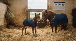 A small pony stable rug tailored specifically for young foals and miniature ponies standing in a straw-bedded stable.