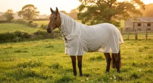A happy horse turned out in a paddock during golden hour wearing a full coverage combo fly rug for horses.