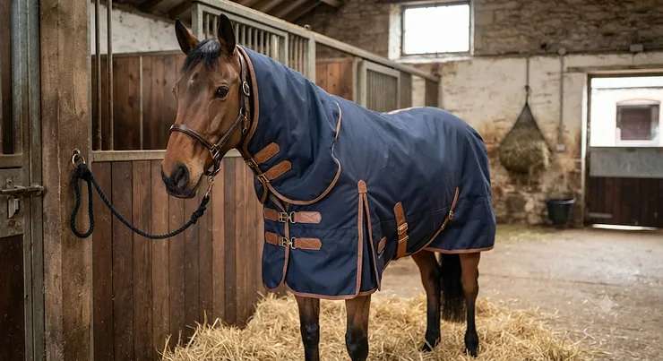 A horse wearing a durable heavyweight horse travel rug, standing in a stable during winter.
