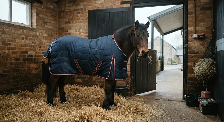 A heavyweight pony stable rug keeping a native pony warm during cold British winter days in a stable.