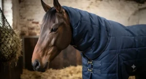 Close-up of a horse wearing a heavyweight stable combo rug for extra warmth in winter