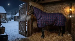 A horse cozy in a heavyweight 400g winter stable rug with integrated neck wrap during a freezing British winter night.
