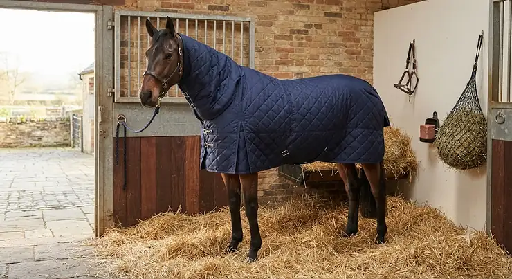 A horse wearing a navy heavyweight stable rug in a clean, well-bedded British stable