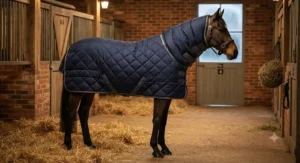 A warm, heavyweight stable rug with an integrated neck cover designed for cold winter nights in the UK.