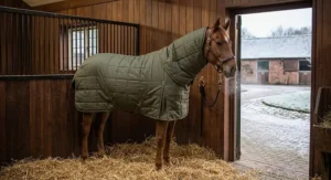 A chestnut horse wearing a heavyweight stable rug for horses complete with a detachable combo neck cover for maximum warmth in freezing winter temperatures.