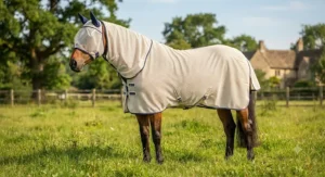Full set equine fly protection including a mesh fly rug and matching ear fly veil mask