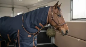 A horse fitted with a protective horse travel rug that includes an integrated neck cover.