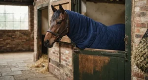 A horse looking over a stable door while wearing a cosy stable rug with an integrated neck cover.