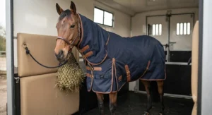 A calm horse wearing a navy blue horse travel rug inside a horsebox.