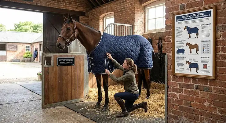 A comprehensive guide on how to choose the right stable rug for your horse, featuring a thoroughbred in a well-ventilated brick stable.