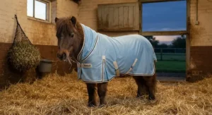 A lightweight and breathable pony stable rug fitted on a Shetland pony for cool summer evening warmth.