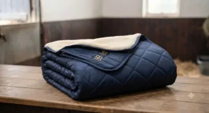 A stylish quilted lightweight stable rug folded neatly to show the soft lining