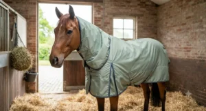Horse comfortable in a lightweight stable combo rug during spring months
