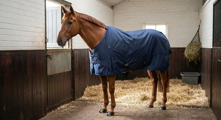 A chestnut horse wearing a breathable navy blue lightweight stable rug in a clean UK stable
