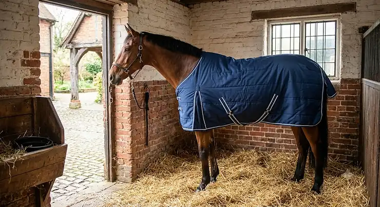 A bay horse wearing a lightweight stable rug for horses inside a brick stable box, suitable for milder British spring weather.
