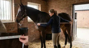 A horse owner using a soft tape measure to find the correct UK rug size in feet and inches from the chest to the tail.
