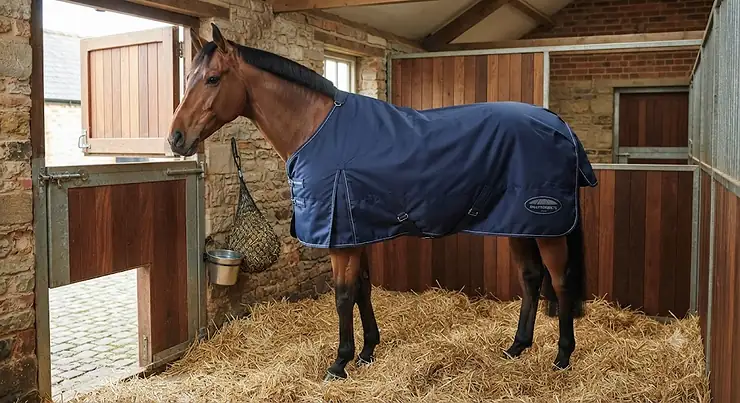 A horse wearing a navy blue medium weight stable rug in a stable
