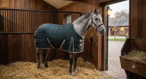 A grey horse in a mediumweight quilted stable rug for horses standing in a clean wooden stable stall during a chilly autumn evening.
