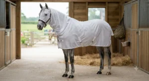 Grey horse standing in a stable wearing a white fly rug with an integrated combo neck cover