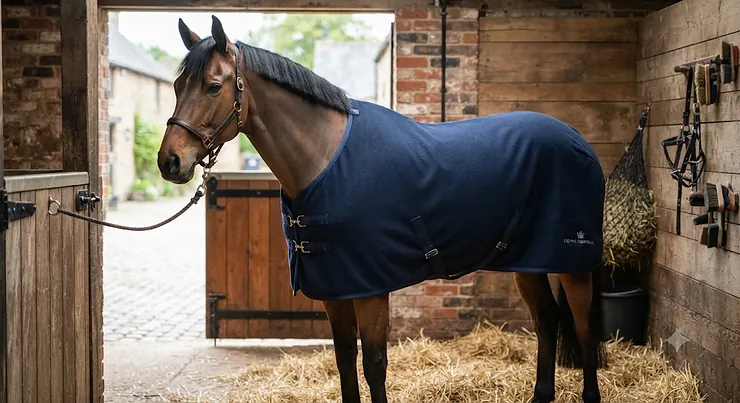 Classic navy fleece cooler rug for horses worn in a stable