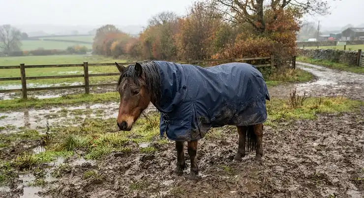 A small pony wearing a waterproof pony turnout rug in a muddy British paddock during autumn