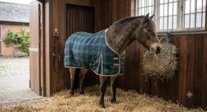 A native British pony wearing properly fitted checked stable rugs for horses while eating hay in a cosy, well-ventilated stable.