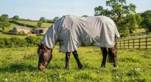 Native pony turned out in a specialist sweet itch fly rug with belly flap protection