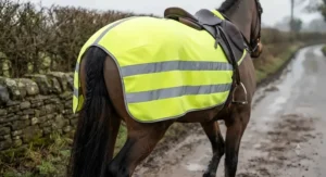 Close-up of a high-vis reflective fleece exercise sheet for horses designed for safe winter road hacking in the UK.