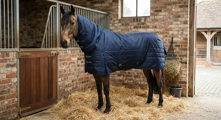 A well-fitted stable combo rug on a horse standing in a clean British stable