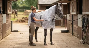 An equestrian putting a fitted UV fly rug for horses on a grey mare in the stable yard during warm British weather.
