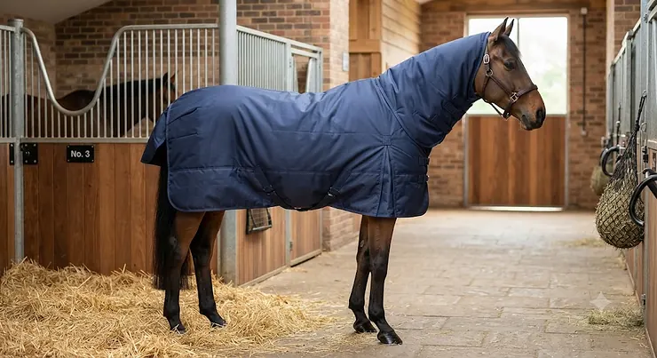 A side profile of a horse wearing a navy blue stable rug with an integrated neck cover in a well-kept stable.