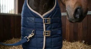 Close-up of the secure double buckle chest fastenings and quick-release clips on modern stable rugs for horses.