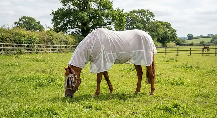A chestnut horse grazing peacefully in a lush green paddock while wearing a lightweight UV fly rug for horses.