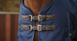 Detailed shot of the chest fastenings and buckles on a medium weight stable rug