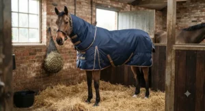 Stable rug with integrated neck cover providing extra protection for clipped horses in winter