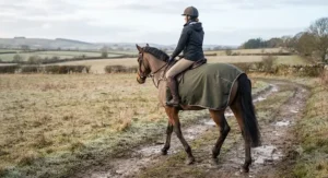 Rider hacking out across a winter field with their horse wearing a breathable fleece exercise sheet for horses.
