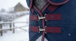 Detailed close-up illustration of the durable double chest clip closures on a premium waterproof breathable horse rug.