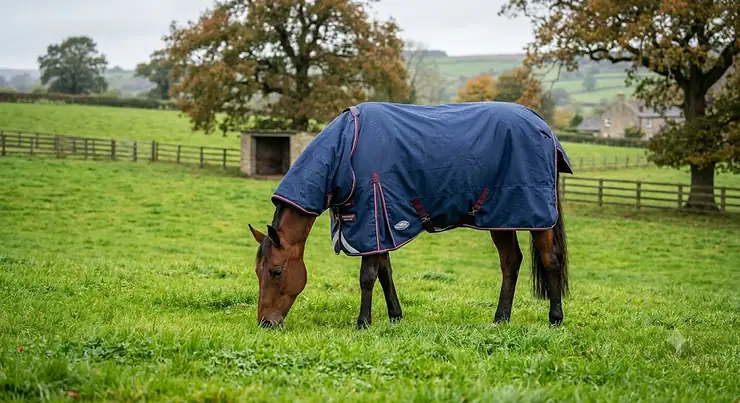 A bay horse wearing a waterproof breathable horse rug while grazing in a green British paddock.